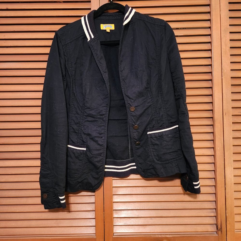 Ladies casual black jacket with brass tone buttons and cream stripes